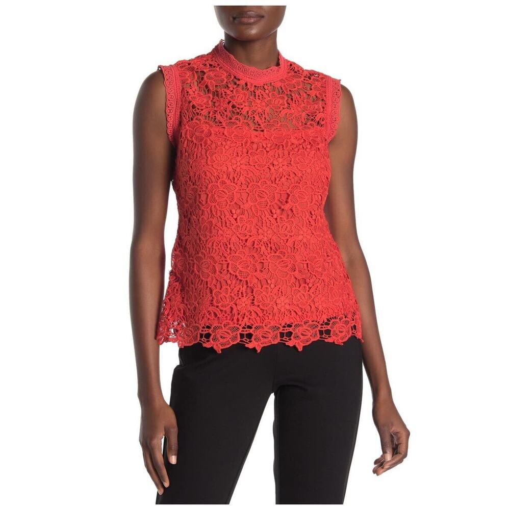 Nanette Lepore Size M Blouse Coral Floral Lace Mock Neck Sleeveless Exposed Zip